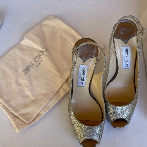Jimmy Choo Clue Slingback Pumps Sz 39 Glitter Fabric Stiletto Heels Peep Toe - Picture 4 of 9